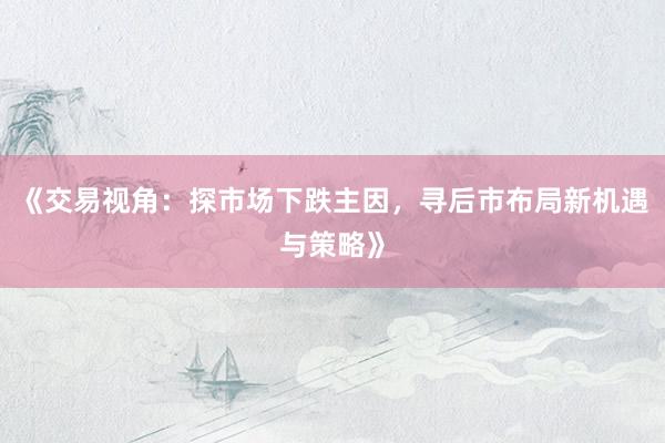 《交易视角：探市场下跌主因，寻后市布局新机遇与策略》